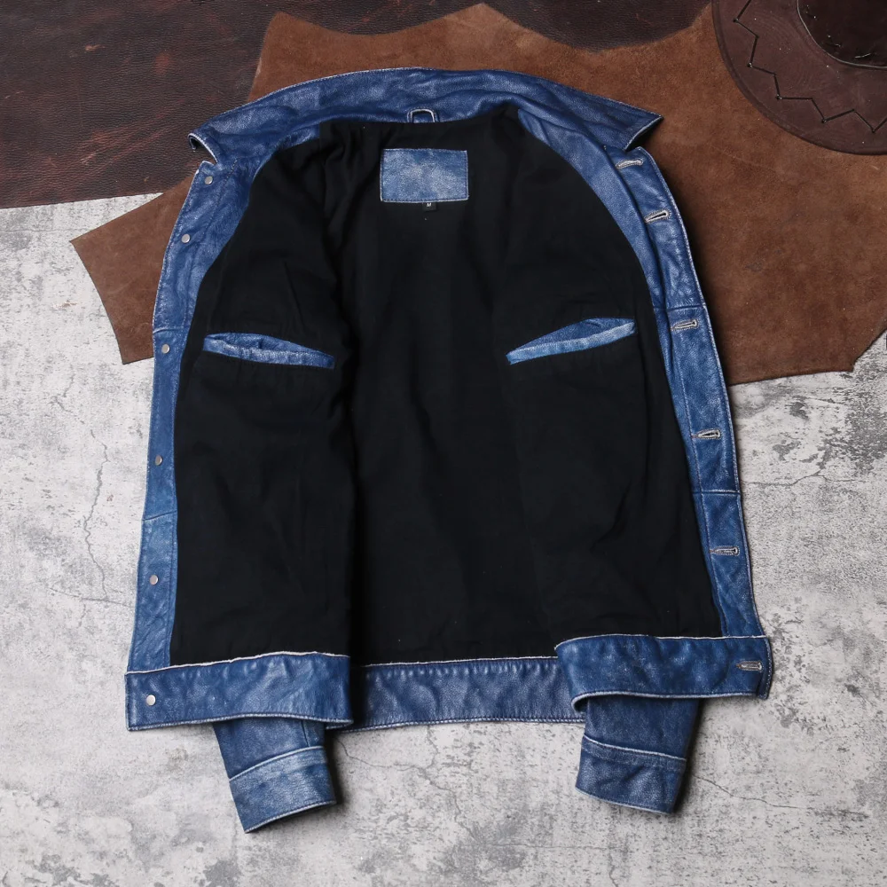 Мужская однобортная куртка из натуральной воловьей кожи синяя Повседневная