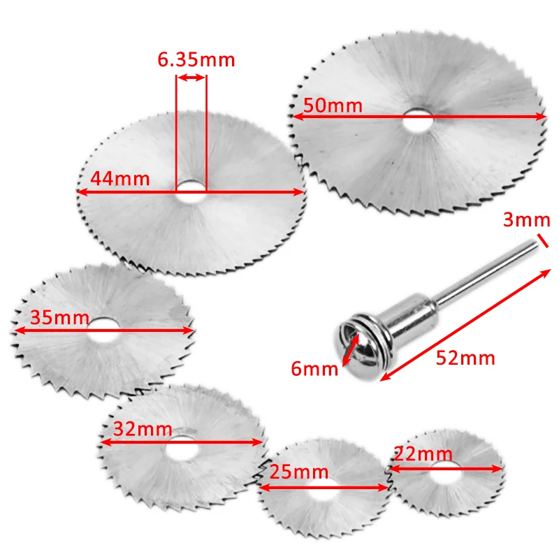 7Pcs HSS Cutting Disc Rotary Tool 22/25/32/35/44/50mm Circular Saw Blades Cutting Wheel Discs Mandrel For Dremel Discs Cut off