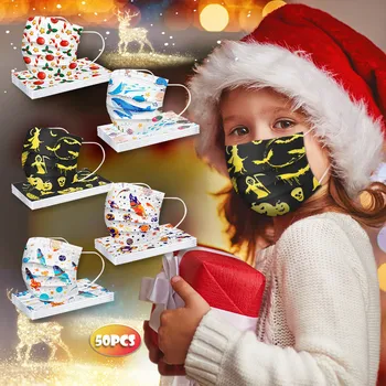 

50pcs Mix Kids Children Halloween Cartoon Mouth Mask Disposable Dust Proof Three Layer Unisex Lovely Print Face Mask Mascherina