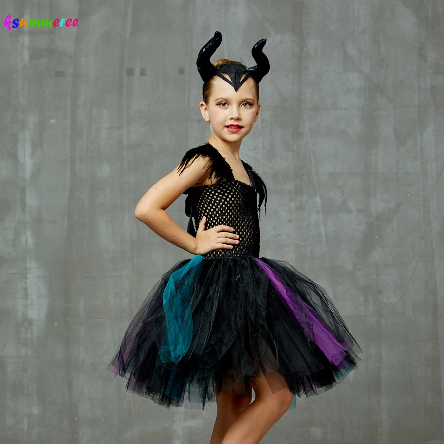 Maleficent/платье-пачка с рожками для девочек; маскарадный костюм для хеллоуина и ведьмы; Украшенные перьями фатиновые праздничные платья