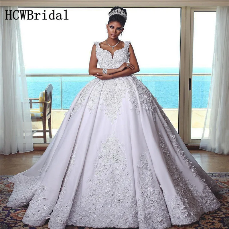 

Robe De Mariee Princess 2019 Luxury Dubai Wedding Dresses Beaded Lace Sweep Train Puffy Bride Dress Customize Vestido De Noiva