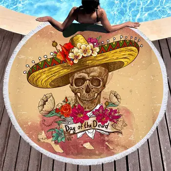 

Large Round Beach Towel with Tassel Sugar Skull Rose Print Microfiber Picnic Throw Rug Sport Swimming Yoga Mats Custom 150x150cm