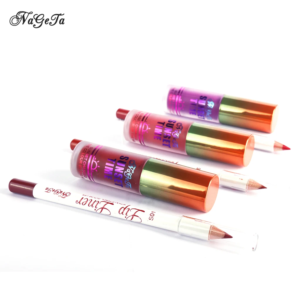 Sexy Matte Lipstick Liquid Sets Moisturizer Velvet Lipgloss Lip Liner Kits Waterproof Red Purple Lip Gloss Makeup 2pcs