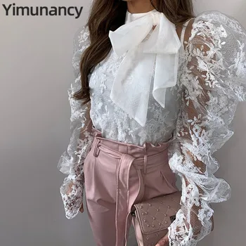 

Yimunancy Floral Embroidery Lace Blouse Women 2020 Spring Elegant Blouse Ladies Puff Sleeve Perspective White Bow Blouse