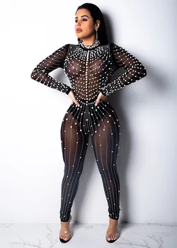 

New Women's Hot Rhinestone See-through Sexy Jumpsuit Nightclub Bubble Beaded Jumpsuit