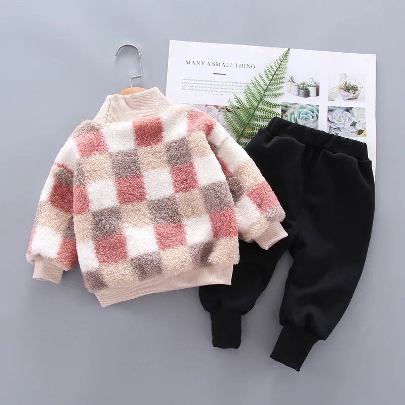 Baby plus velvet sweater autumn and winter new foreign gas baby suit thick pants children winter clothing