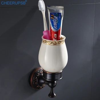 

Bronze Black Cup Holder Bathroom Wall Mounted Carving Decoration Toothbrush Cups Holders Brass Support with Ceramic Cup Single