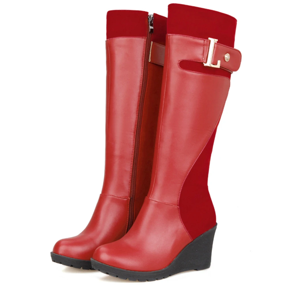 SARAIRIS/Новая модная Лоскутная обувь размера плюс 30-52, женская обувь на танкетке и высоком каблуке, женские зимние меховые сапоги с ремешком и пряжкой