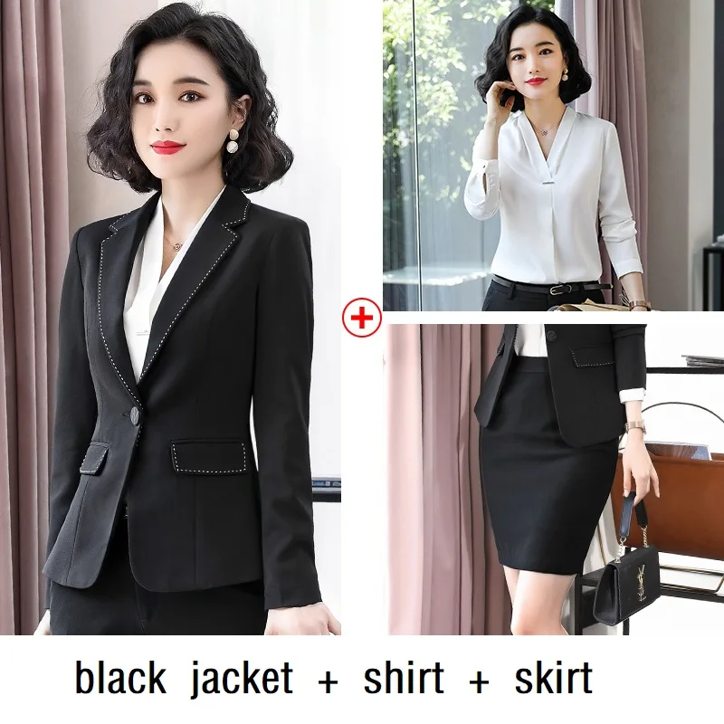 jacket shirt skirt Женские костюмы, тонкая осенне-зимняя однотонная куртка, брюки, комплект из 2 предметов, Деловые женские брючные костюмы, женские костюмы, 8268 - Цвет: jacket shirt skirt