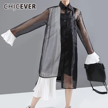 

CHICEVER Patchwork HIit Color Dresses Women Lapel Collar Flare Sleeve Oversize Loose Casual Dress Female 2020 Fashion Clothes