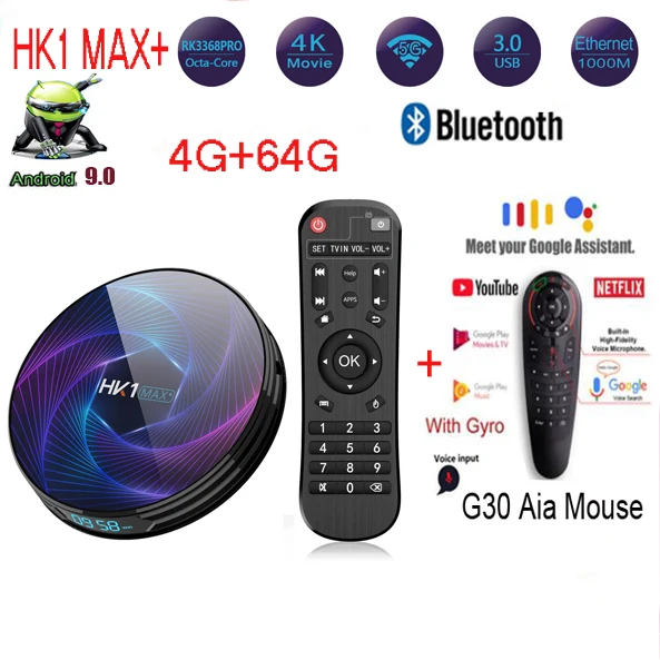 HK1 MAX Plus Восьмиядерный 1000m lan порт bt4 Android 9,0 Smart tv Box 4G 128G 64G 32G RK3368PRO usb 3,0 H.265 4K youtube Netflix - Цвет: 4G 32G G30