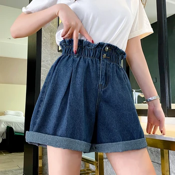 

COIGARSAM 4XL Plus Size Loose Denim New Spring Summer High Waist Women Shorts Blue 5888