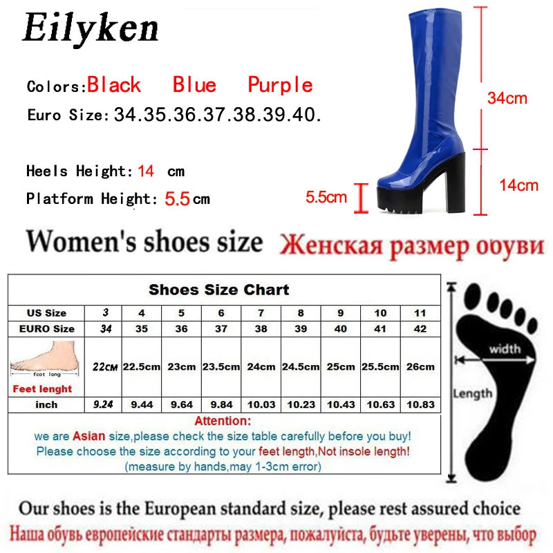 EilyKen/новые женские сапоги до колена модные сапоги из лакированной кожи с круглым носком на толстом каблуке для ночного клуба зимние сапоги на платформе с боковой молнией