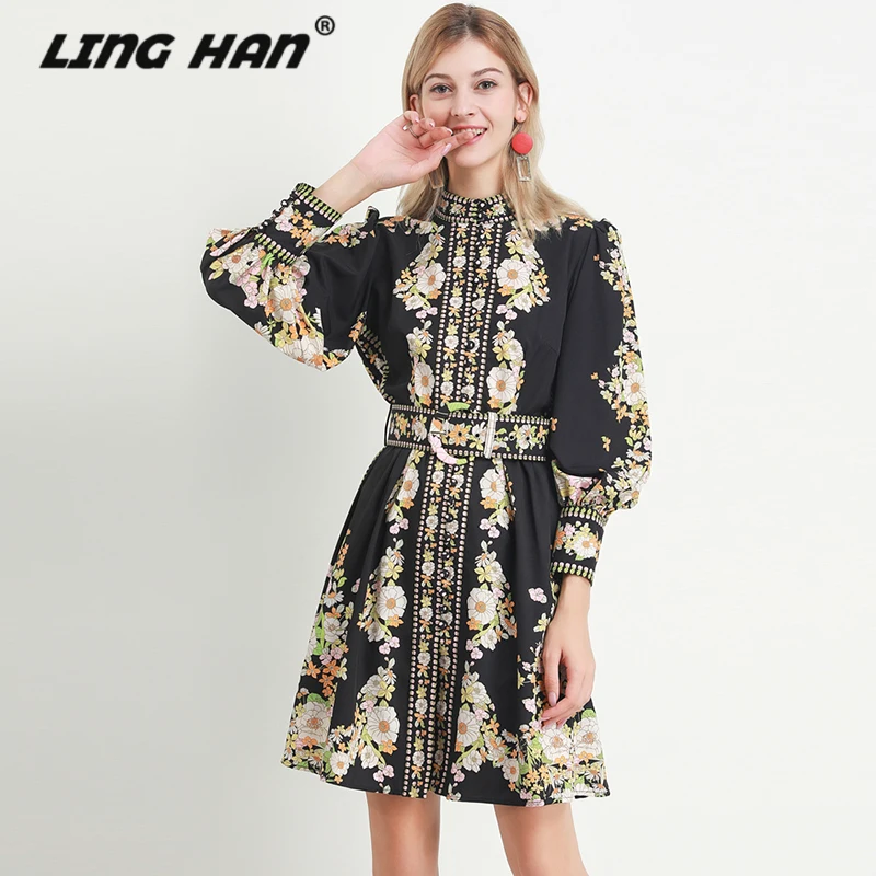 Черный LINGHAN каникулы однобортное мини-платье женское элегантное платье с принтом и поясом-фонариком рукав стойка платья дизайнер Весна Лето Новинка - Цвет: Черный