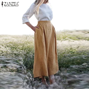 

Elegant Women's Skirt ZANZEA Plus Size Ladies Casual Elastic Waist Pockets Mid Calf Skirts Female A-line Faldas Office Work Jupe