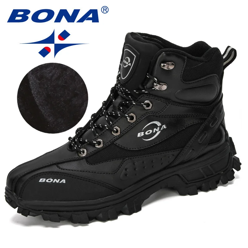 Black silver gray BONA/ брендовая зимняя кожаная спортивная обувь для мужчин с высоким берцем; теплая уличная походная обувь; нескользящие износостойкие Модные ботильоны - Цвет: Black silver gray