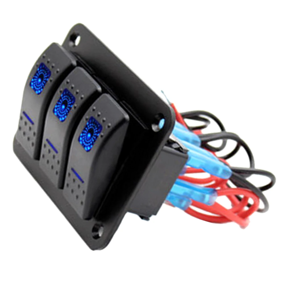 Marine Boat Rocker Switch Panel 3 Gang, Blue Backlit LED, Pre-Wired for Marine, Boat, Car, Truck