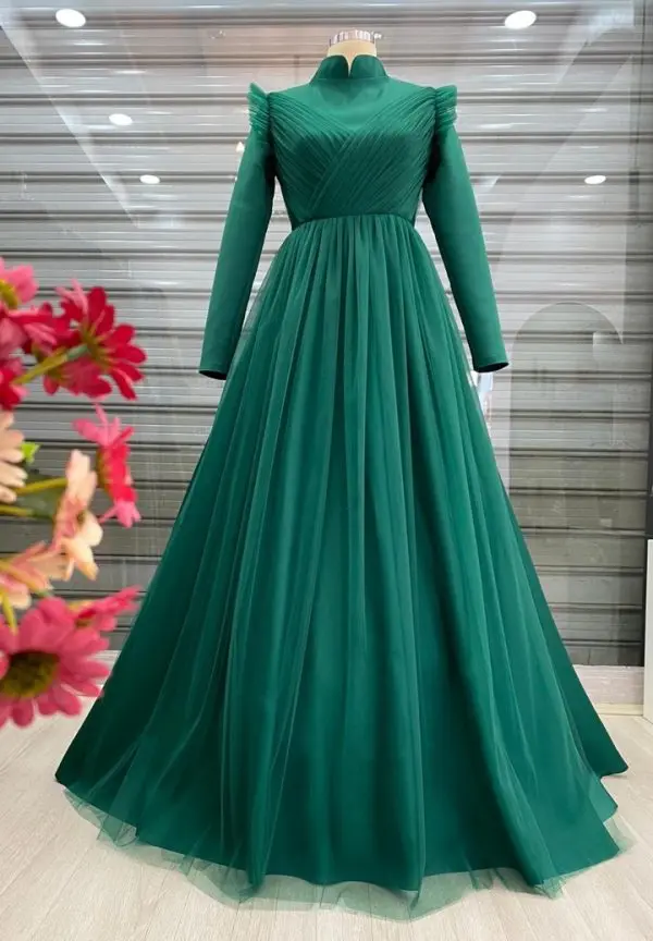 

Tulle Pleats Long Sleeve Muslim Prom Dresses 2021 High Neck A Line Formal Evening Party Gowns Saudi Arabia Robe