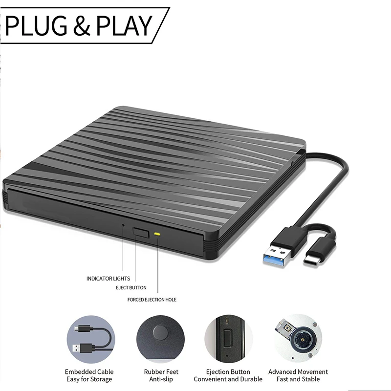 Внешний привод DVD / CD-RW для записи дисков Оптический проигрыватель DVD / CD ROM типа C USB 3.0 для настольных ноутбуков