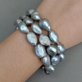 

8'' 12x13MM natural Cultured Grey Baroque freshwater Pearl statement Bracelet wedding classic for women