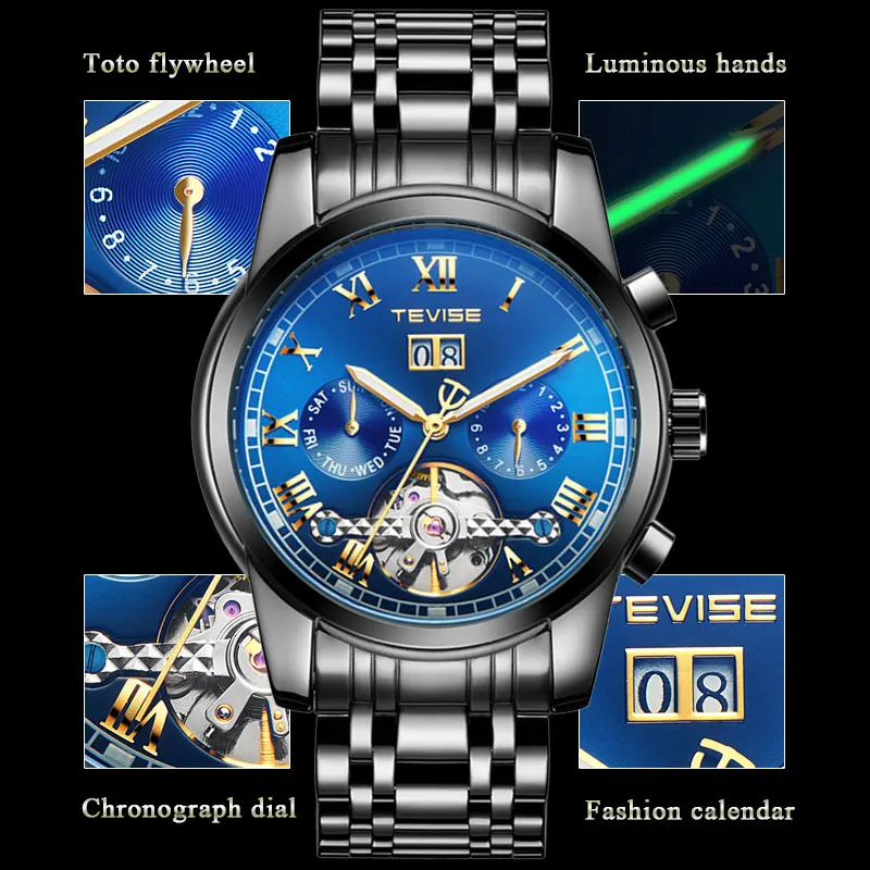 TEVISE, мужские Tourbillon, водонепроницаемые часы, автоматические механические часы, мужские часы со скелетом, мужские наручные часы, Relogio Masculino