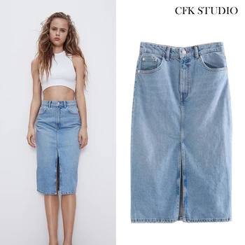 

2020 New Za Women Denim Midiskirt with High Waist Solid Elegant A-line Blue Black Chic Jeans Skirt