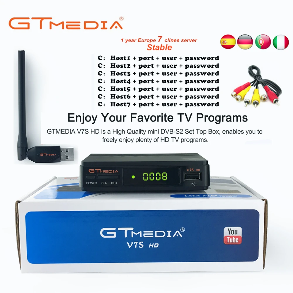 

Distintivo GTMedia Freesat V7S HD FTA Digitale Via Satellite Ricevitore TV DVB-S2/S Supporto BissKey 1080 p 1 ordine