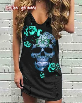 Skull Print Women Sleeveless Shirt Dress Summer Gothic Style Ladies Casual V Neck Loose Short