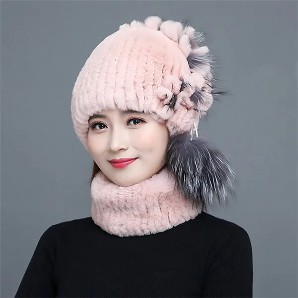 Pink Хит, модная шапка с натуральным кроличьим мехом, зимняя теплая шапка из двух частей для мальчиков и девочек, меховой шарф, шапка, Новое поступление - Цвет: Pink