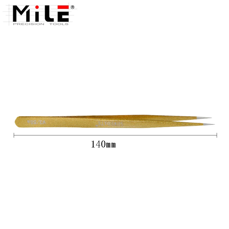MILE Precision Anti-static140mm Gold Straight Tweezers Stainless Steel Electronic Pointed Tip Straight Tweezer Forceps