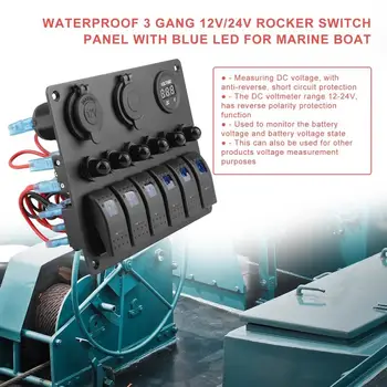 

2019 New DC Flat Waterproof 6 Gang Toggle Rocker Switch Panel Car Marine Boat Circuit LED Breaker Voltmeter Aluminum Panel