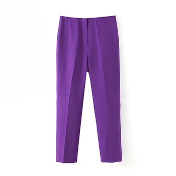 

Women solid basic pants zipper fly pockets purple European style female office wear 2020 casual trousers pantalones