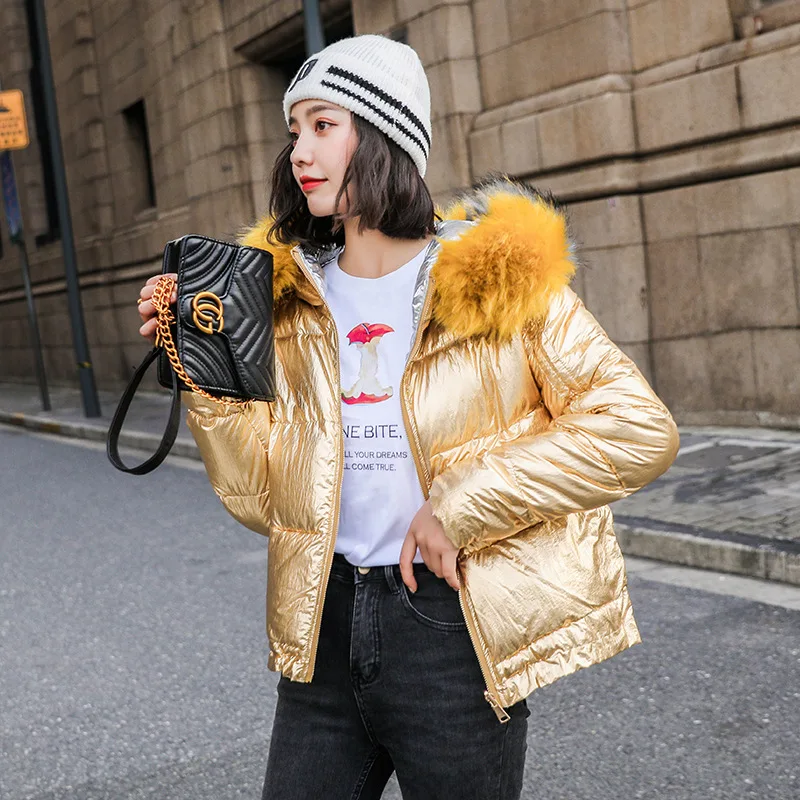 #*Cheap Causal Glossy Down Parkas Women Winter Jacket Cotton Padded Warm Thicken Colored Fur Collar Long Coats Down Parkas