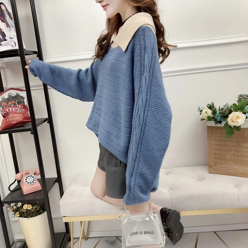 Woherb Off Shoulder V-neck Sweater Women Jumper Long Sleeve Contrast Color Knit Winter Pull Femme Autumn Elegant Pullover
