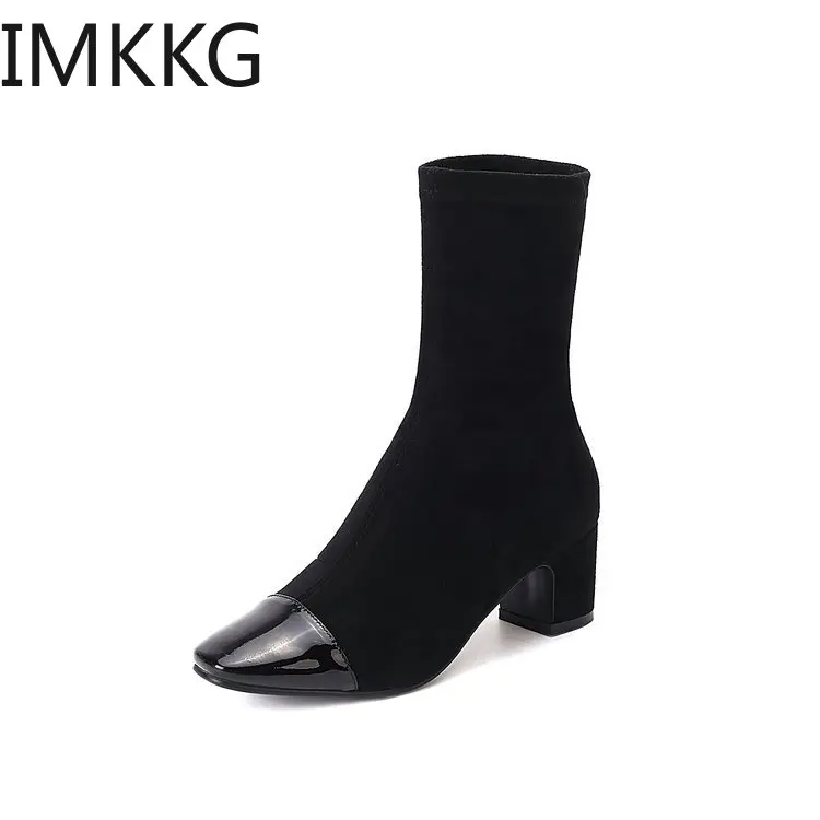 Botas mujer invierno/ г.; новые флоковые ботинки; женские модные ботинки на квадратном каблуке; сезон осень-зима; botte femme; A00349