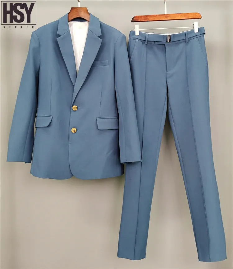 

【HSY】2019 Autumn New Women High Quality Suits Cuff Slits Custom Belt Worsted Fabric Blue Casual Blazer Set Tailor Pants Suit Set