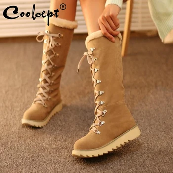

Coolcept Vintage Women Knee Snow Boots Lace Up Rivet Thick Fur Shoes Women Winter Flats Boots Plush Warm Lady Shoes Size 34-43