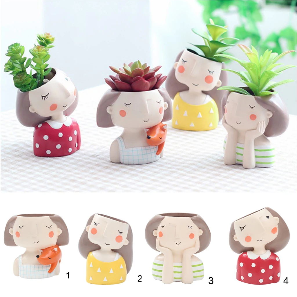 4x Girl Mini Flower Pot Cacti Succulent Plant Pot Garden Planter DIY Decor Cute Resin Flower Pots for Cactus Decorative Candles