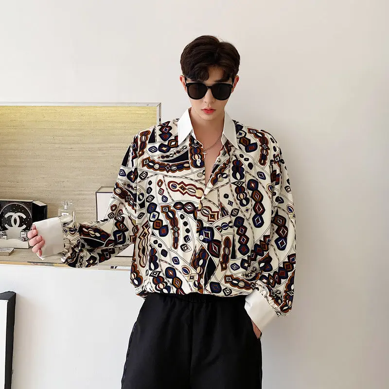 

2020 Spring And Summer New Retro Pattern Contrast Color Men's Long-sleeved Shirt Fashion Casual Single-breasted Wild Shirt M-XL