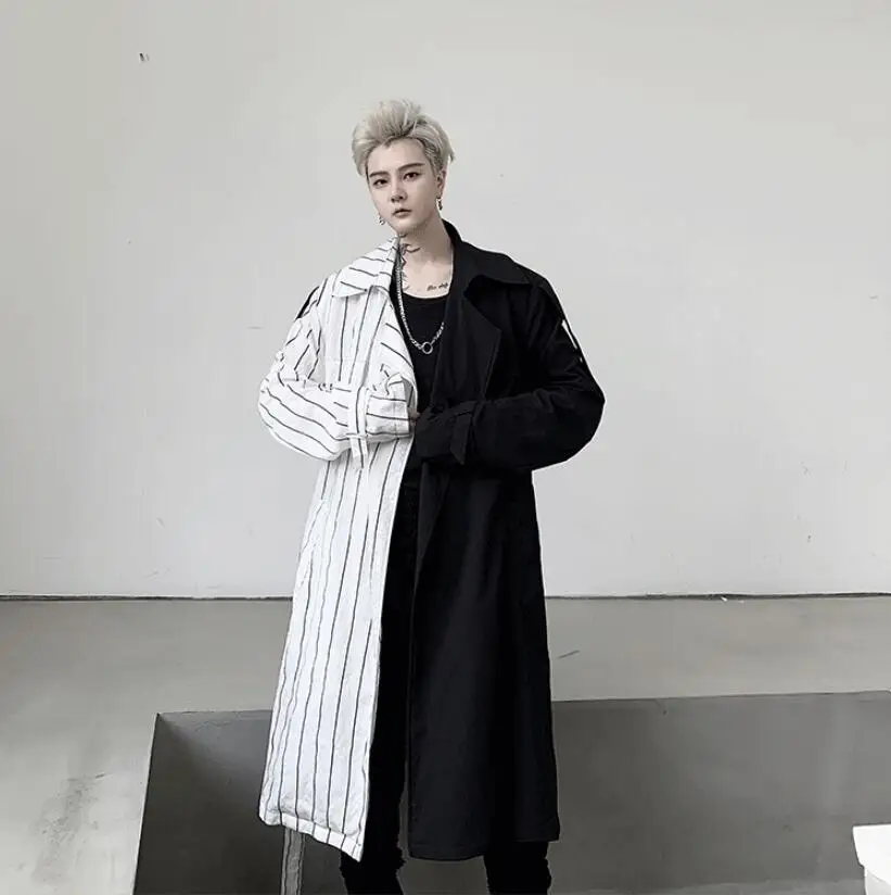 M-XL! Весна qiu загружен Темно-Черный Индивидуальный черно-белый полосатый контрастный цвет Мужская Средняя длина свободная ветровка