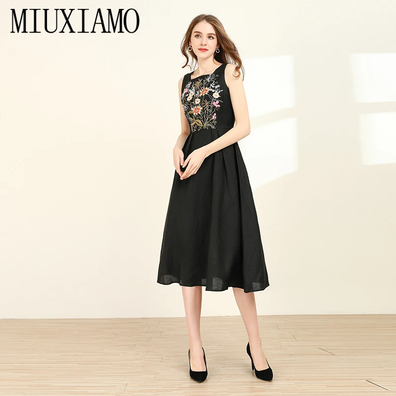 MIUXIMAO, высокое качество,, весеннее платье, роскошная Цветочная вышивка, без рукавов, элегантное, черное, длинное платье для женщин, vestidos