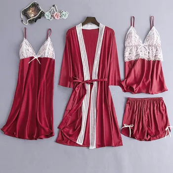 

Sleepwear 4pc Women Pajamas With Padded Satin Lace Camis And Shorts Nightdress Robe Sets Bowknot Sleepwear Women Pajamas Mujer