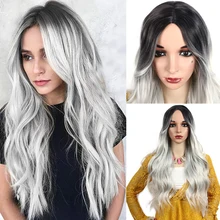 Длинные вьющиеся волосы парики с воздушной челкой Омбре Серебряный волнистый парик серый синтетические волосы парики Косплей Хэллоуин парик для женщин