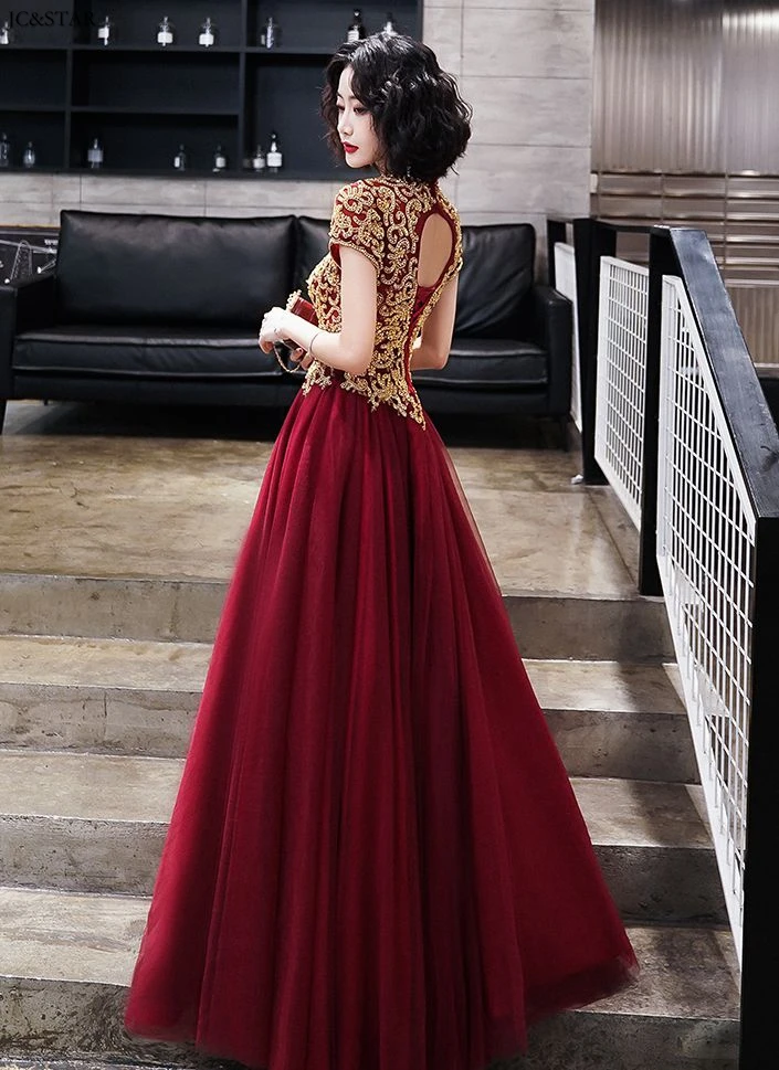 Vestidos fiesta boda, новинка, кружевное платье с высоким воротом, расшитое бисером, короткий рукав, сзади, ТРАПЕЦИЕВИДНОЕ Бордовое платье, длинное свадебное платье для гостей размера плюс