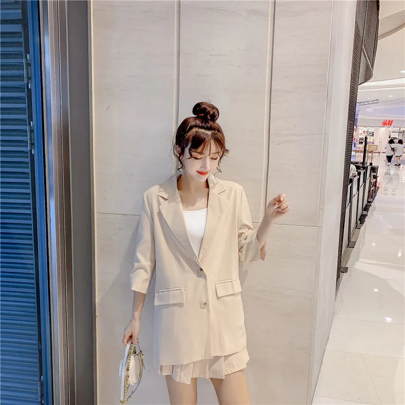 Photo Shoot~ Online Celebrity CHIC Small Suit Coat Women's Korean-style Loose-Fit British-Style Suit Pleated Skirt Two-Piece Se
