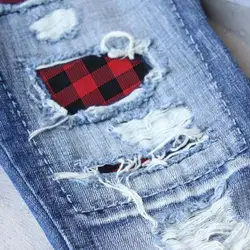 Calças moda calças compridas jeans jeans rasgado buraco xadrez remendo retalhos
