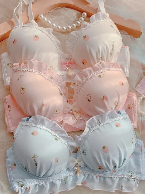 Womens Pink Lace Push Up Bra And Brief Set Kawaii Lingerie Plus