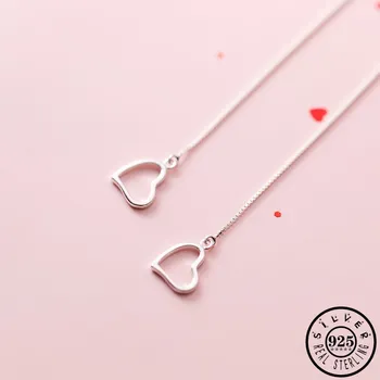 

925 Sterling Silver Heart Shaped Ear Threads Earings Trendy Long Tassel Chain Hanging Dangle Drop Earrings Jewelry for Women