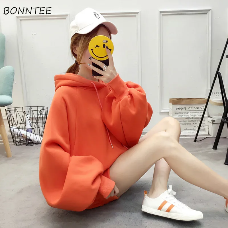 

Hoodies Women Solid Hooded Simple 2019 New Female Korean Style Students Loose Plus Velvet Womens Sweatshirts Chic Casual Soft