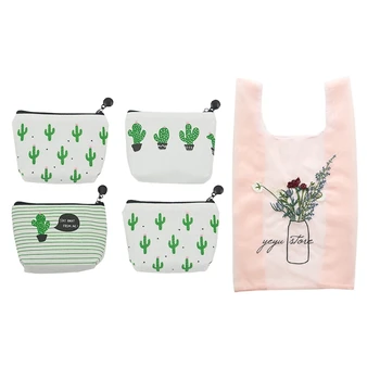 

NEW-5 Pcs Accessories: 4 Pcs Canvas Coin Purse Change Cash Bag Zipper Small Purse Wallets & 1 Pcs Mesh Bag Translucent Rose Embr